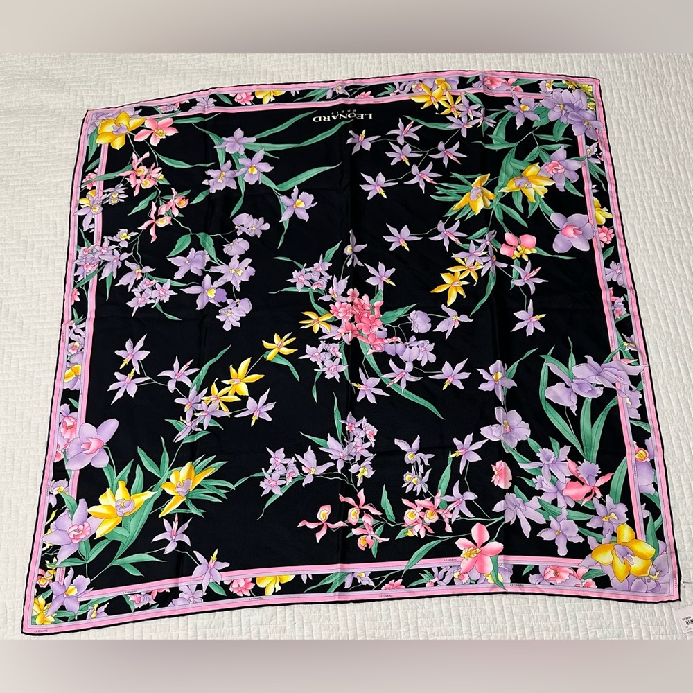 Leonard Paris Jungle Black Silk Scarf (Floral Print)